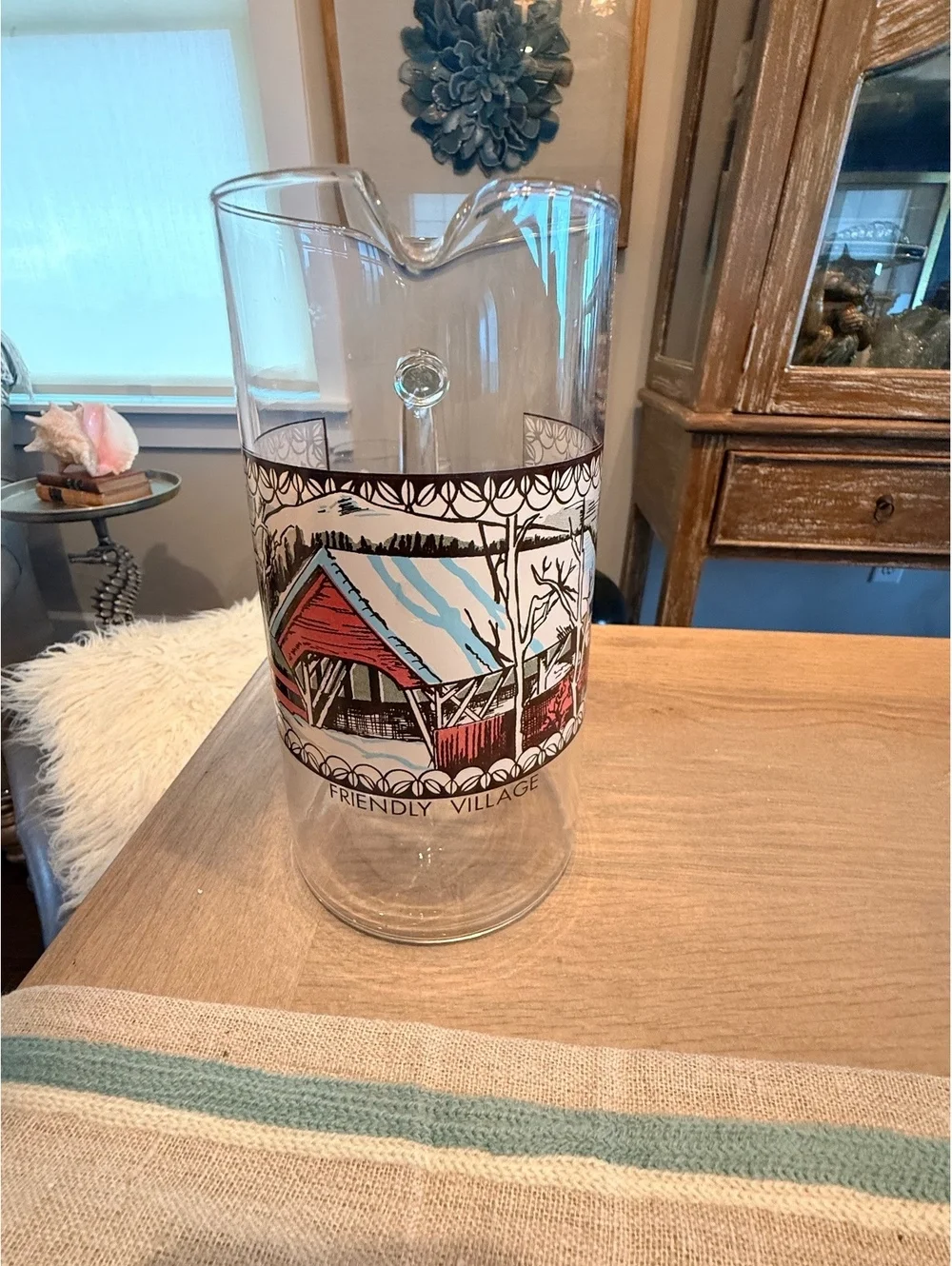 Vintage Glass Pitcher with Scenic 'Friendly Village' Design